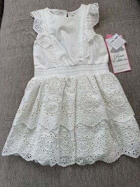 Rare Editions White Eyelet Tiered Dress with Flutter Sleeves